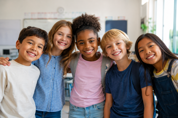 Five smiling children standing closely together in a classroom, looking at the camera.