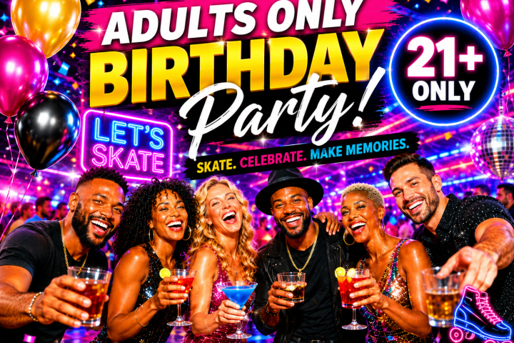 Group of adults smiling and holding drinks at a vibrant birthday party.