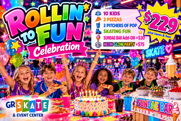Kids at party table with cake and pizza, colorful decor, promo text for skate event center.