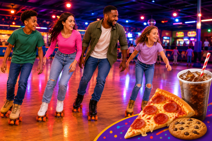 Four people roller-skating in a rink, with pizza and cola in the foreground.