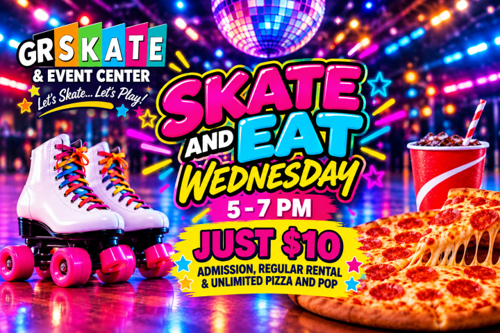 Roller skates, pizza, and soda ad for skate event.