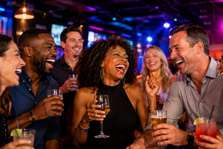 Group of friends laughing and holding drinks at a lively bar.