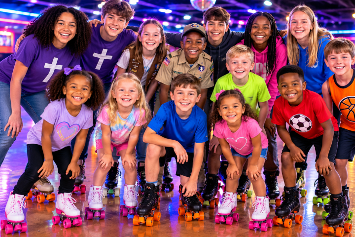 Group of smiling children and teens on roller skates in a rink.