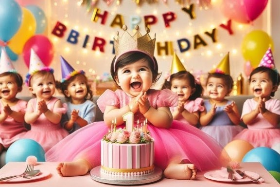 Smiling baby in pink with a crown near cake, surrounded by babies at birthday party.