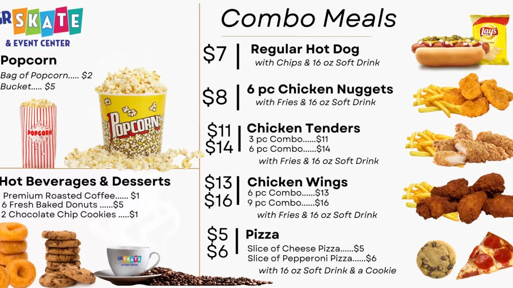 GR Skate menu with popcorn, hot beverages, desserts, and combo meals featuring hot dog, chicken, and pizza.