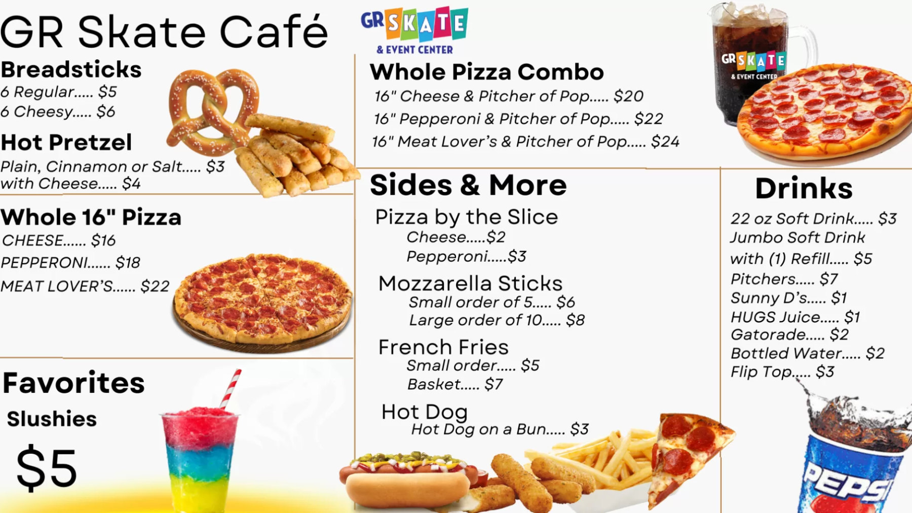 Menu for GR Skate Café featuring pizza, breadsticks, slushies, and drinks with prices listed.