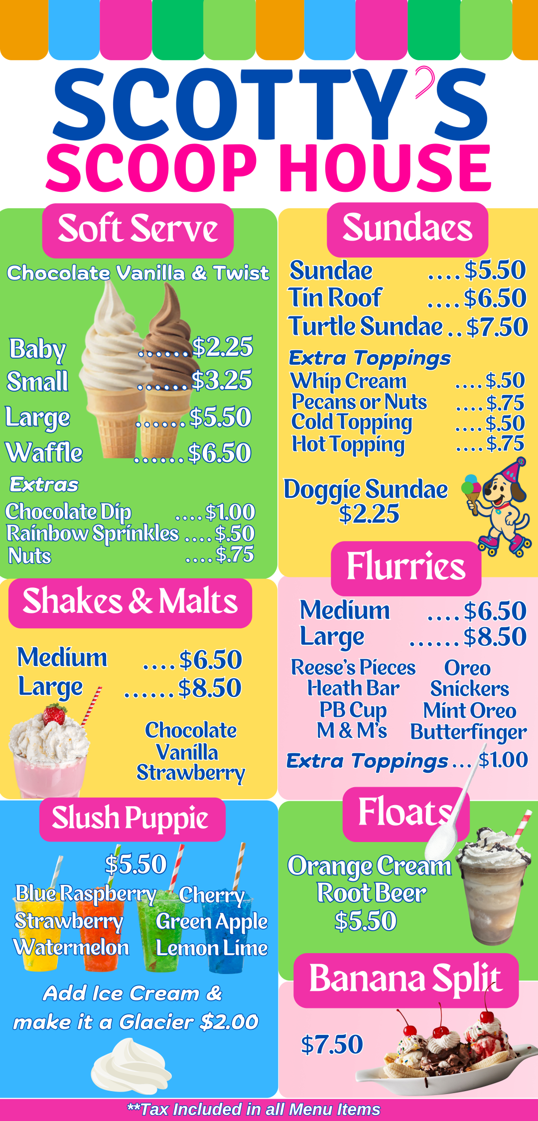 Colorful ice cream menu for Scotty's Scoop House with prices and options.