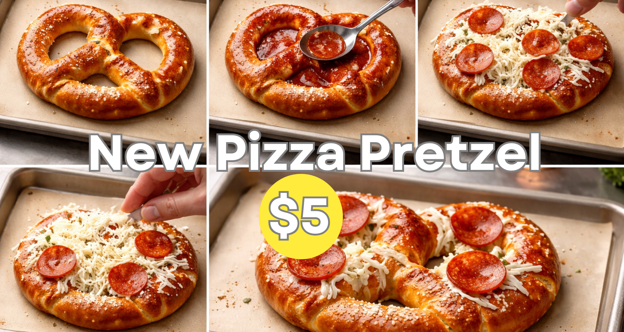Collage showing steps to make a pizza pretzel with pepperoni, cheese, and sauce for $5.