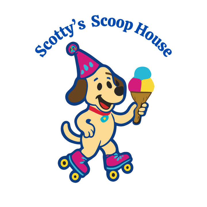 Cartoon dog on roller skates holding ice cream, wearing a party hat.