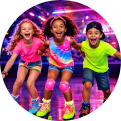 Three happy kids roller skating indoors with colorful lights.