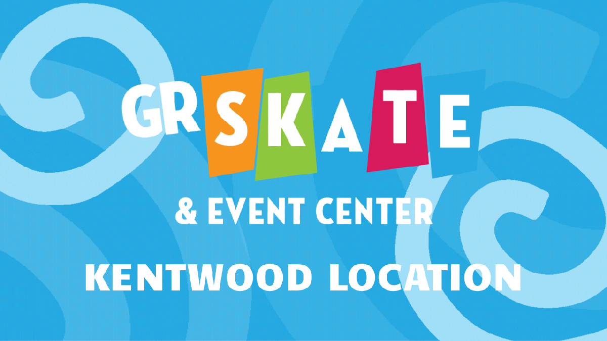 GR Skate & Event Center logo on a blue swirly background, Kentwood location.