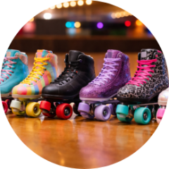 Five colorful roller skates lined up on a wooden floor, featuring various patterns and styles.