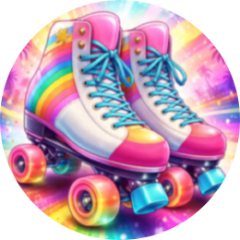 Colorful roller skates with rainbow pattern and bright laces on a vibrant, glowing background.