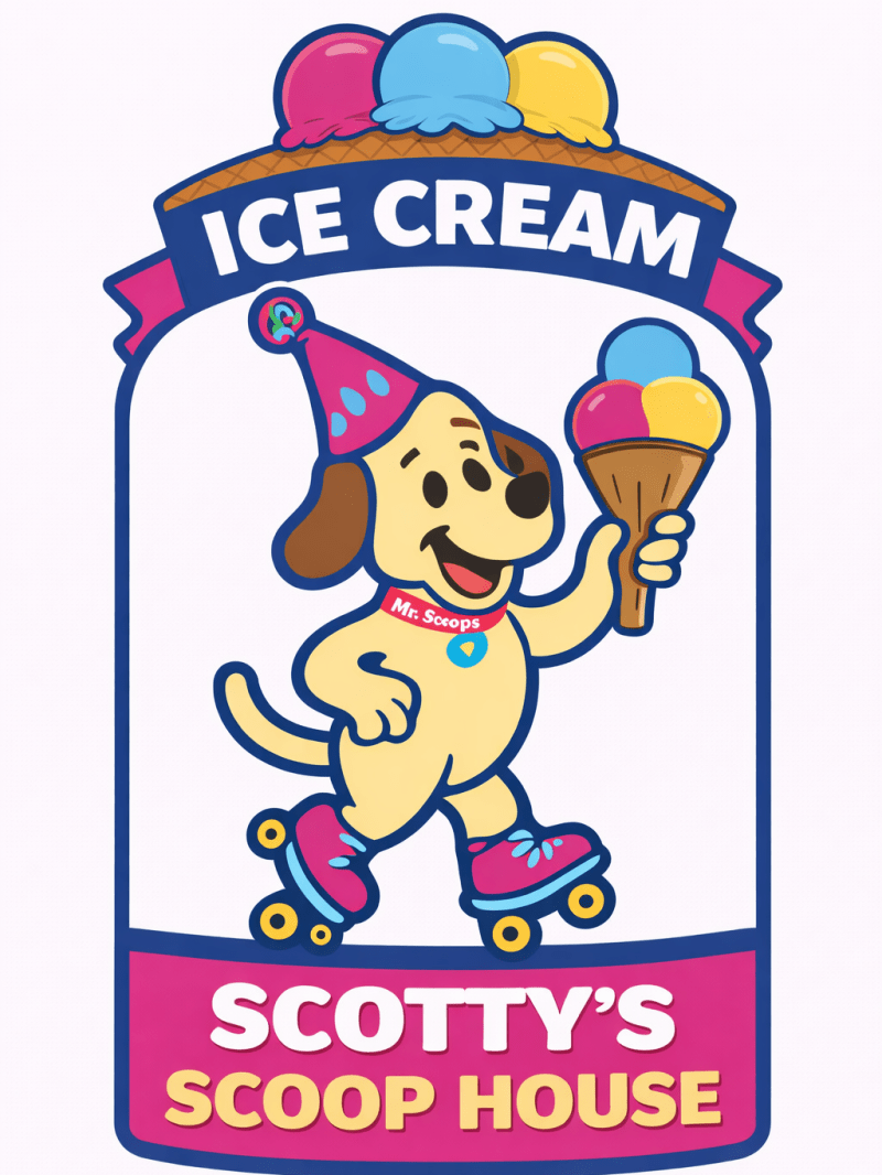 Cartoon dog on roller skates with ice cream cone, wearing a party hat.