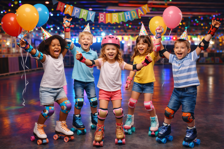 Five kids on roller skates at a rink, wearing party hats and holding balloons under a 'Happy Birthday' banner.