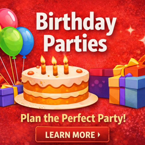 Birthday party theme with cake, balloons, presents, and text: 'Birthday Parties. Plan the Perfect Party!'