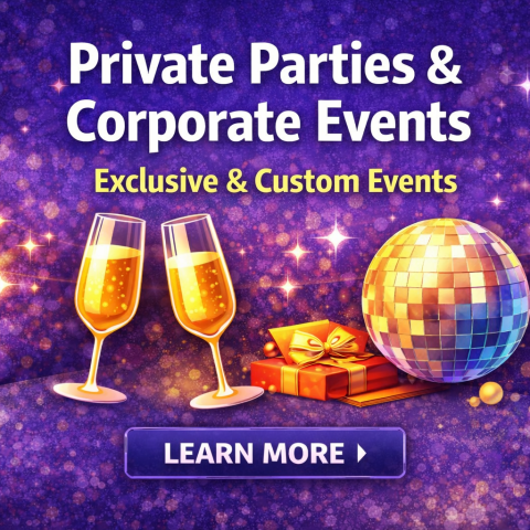 Invitation for private parties, champagne glasses, gift, disco ball, learn more button.