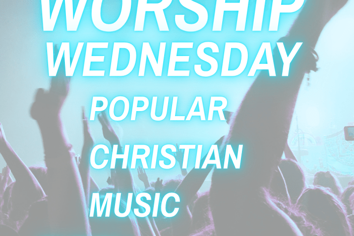 Worship Wednesday event poster with a crowd and blue text.