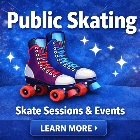 Colorful roller skates with 'Public Skating' text on a starry blue background.