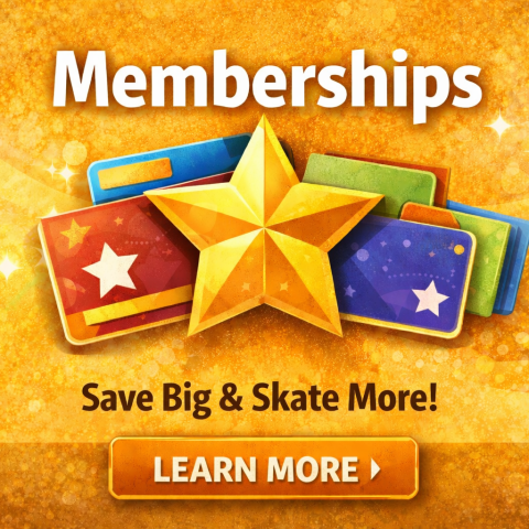 Colorful membership cards with a star, text: 'Save Big & Skate More!' on a sparkling orange background.
