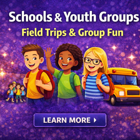 Kids with backpacks and a school bus on a sparkling purple background with 'Schools & Youth Groups' text.
