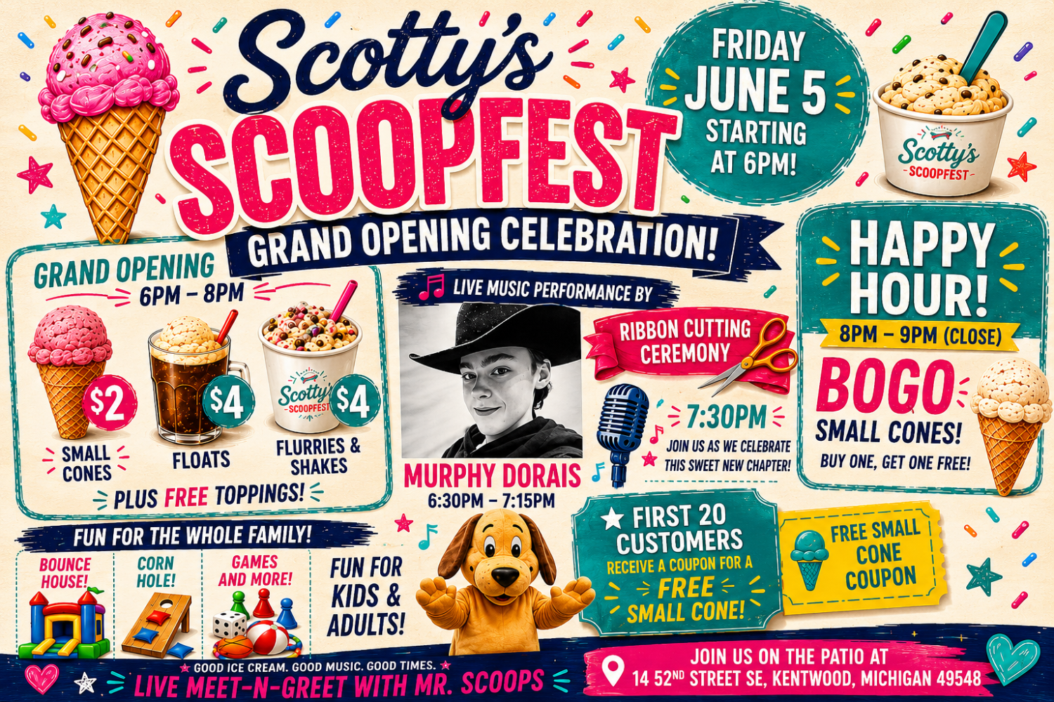 Flyer for 'Scotty's Scoopfest' with event details and images of ice cream, a dog mascot, and performer Murphy Dorais.