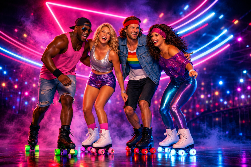 Four people in colorful outfits roller skating under neon lights.