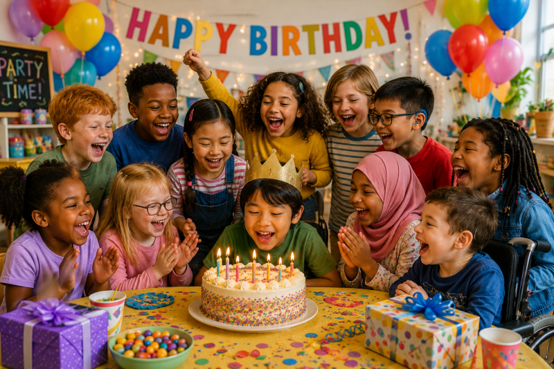 Diverse group of children smiling around a birthday cake with lit candles.
