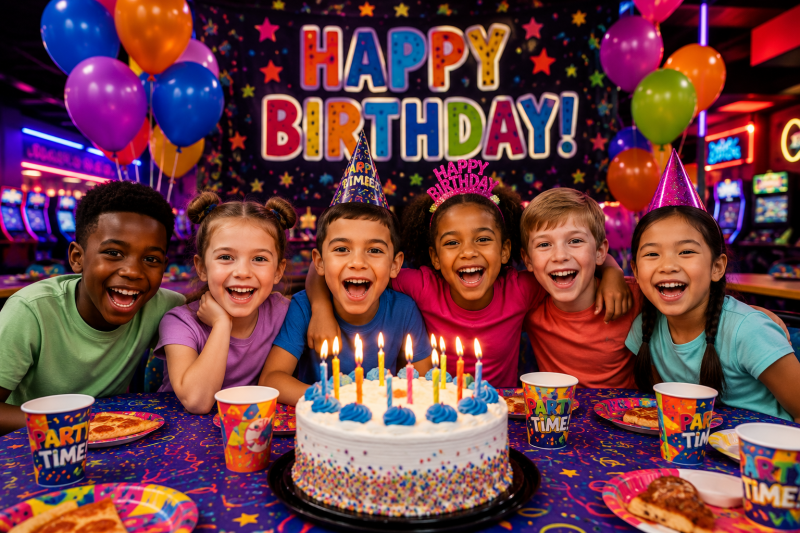 Kids smiling at a birthday party with cake and balloons.