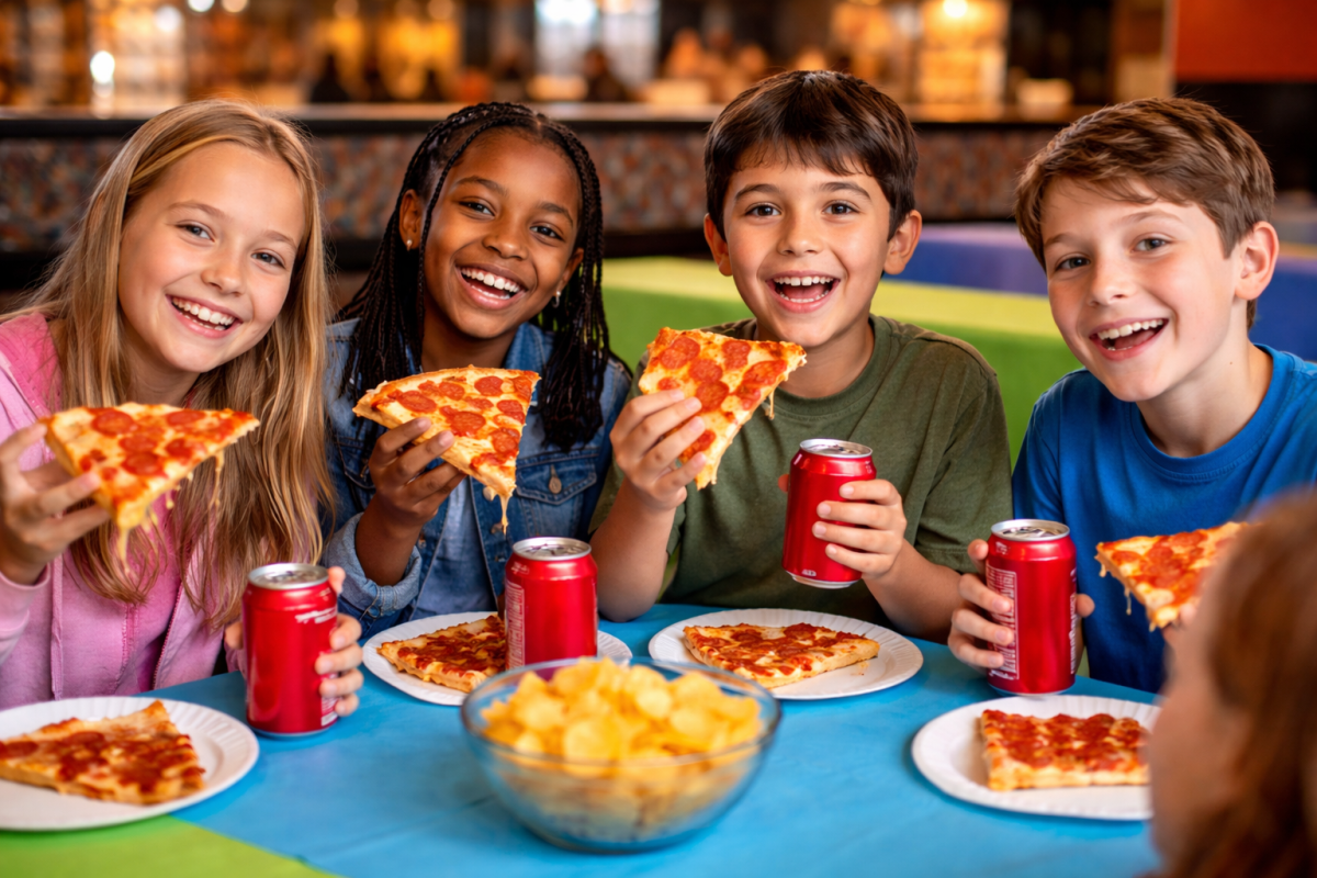 Four kids smiling, holding pizza slices with soda cans at a colorful table.
