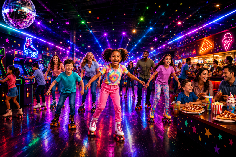 People roller skating at a neon-lit rink with arcade games and pizza.