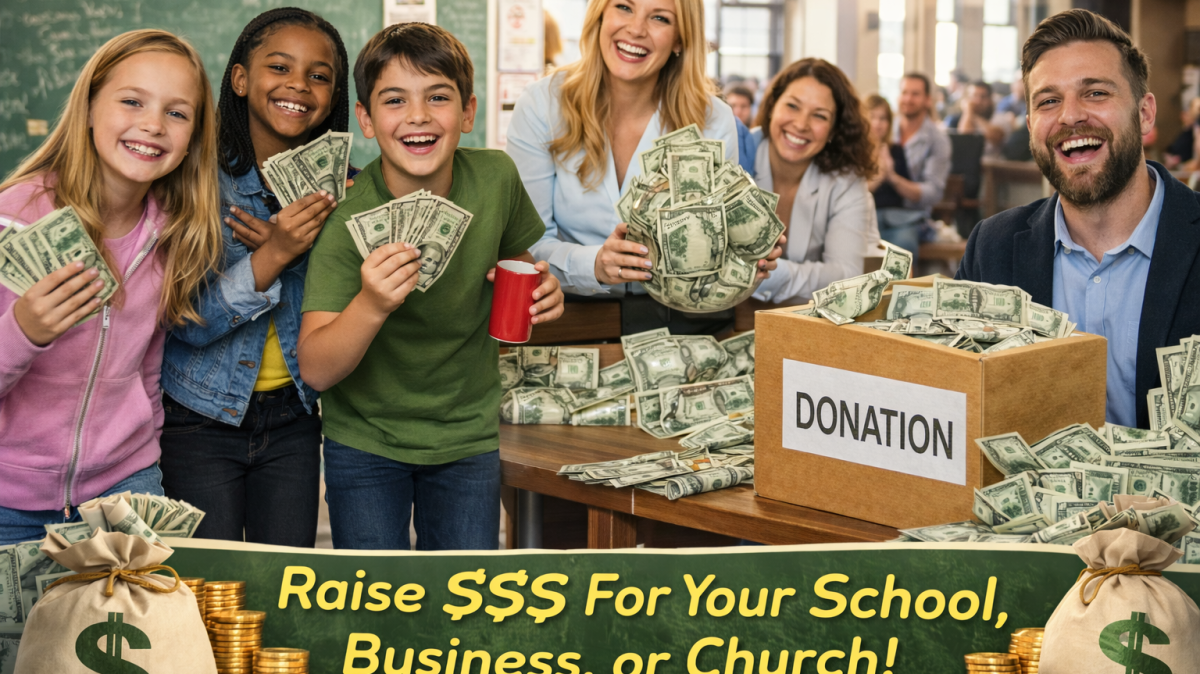 Smiling group with cash at a donation box labeled 'Donation' in a classroom.