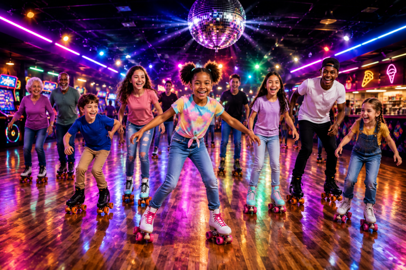 Group of people roller skating under a disco ball with colorful lights.