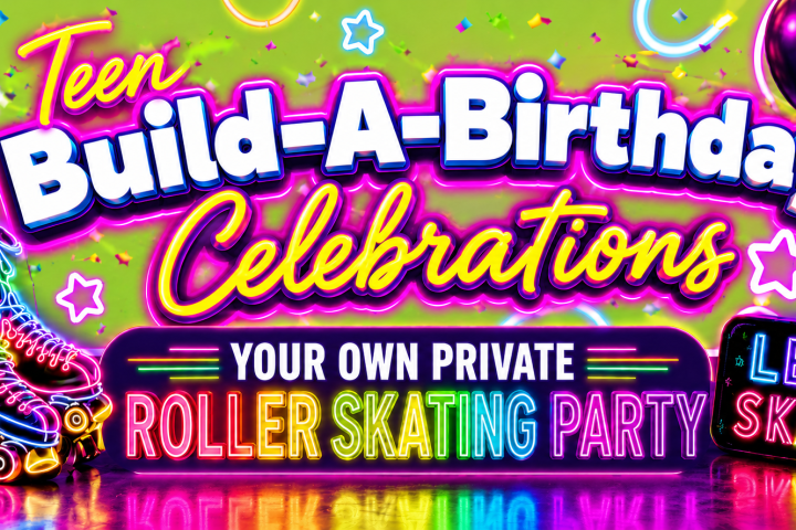 Colorful banner for teen roller skating birthday party with neon lights and balloons.