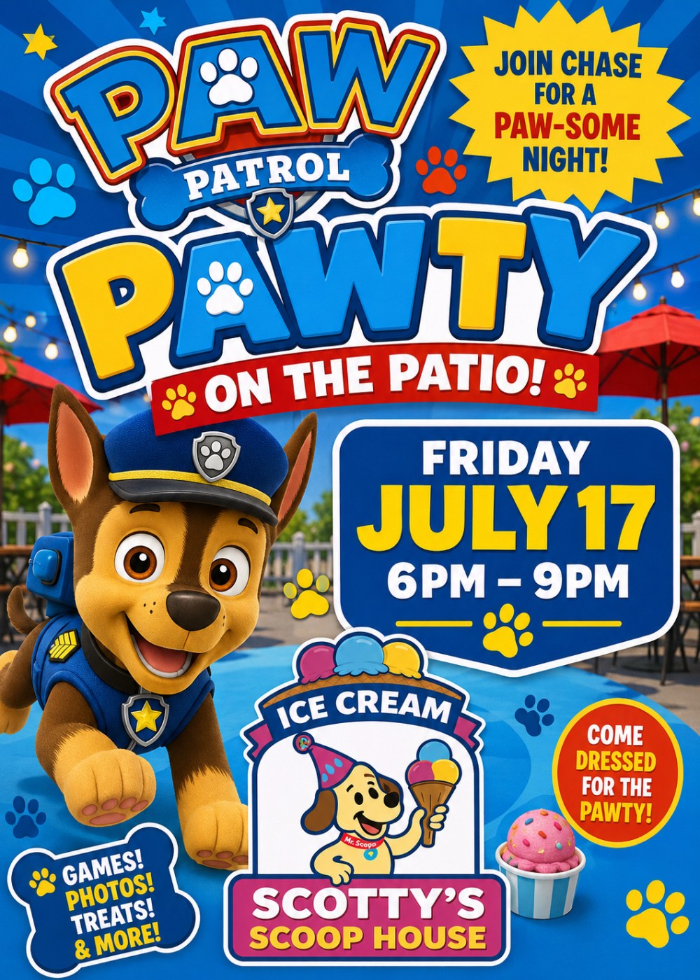 Paw Patrol-themed party poster with Chase character, July 17, 6-9pm at Scotty's Scoop House, fun activities.