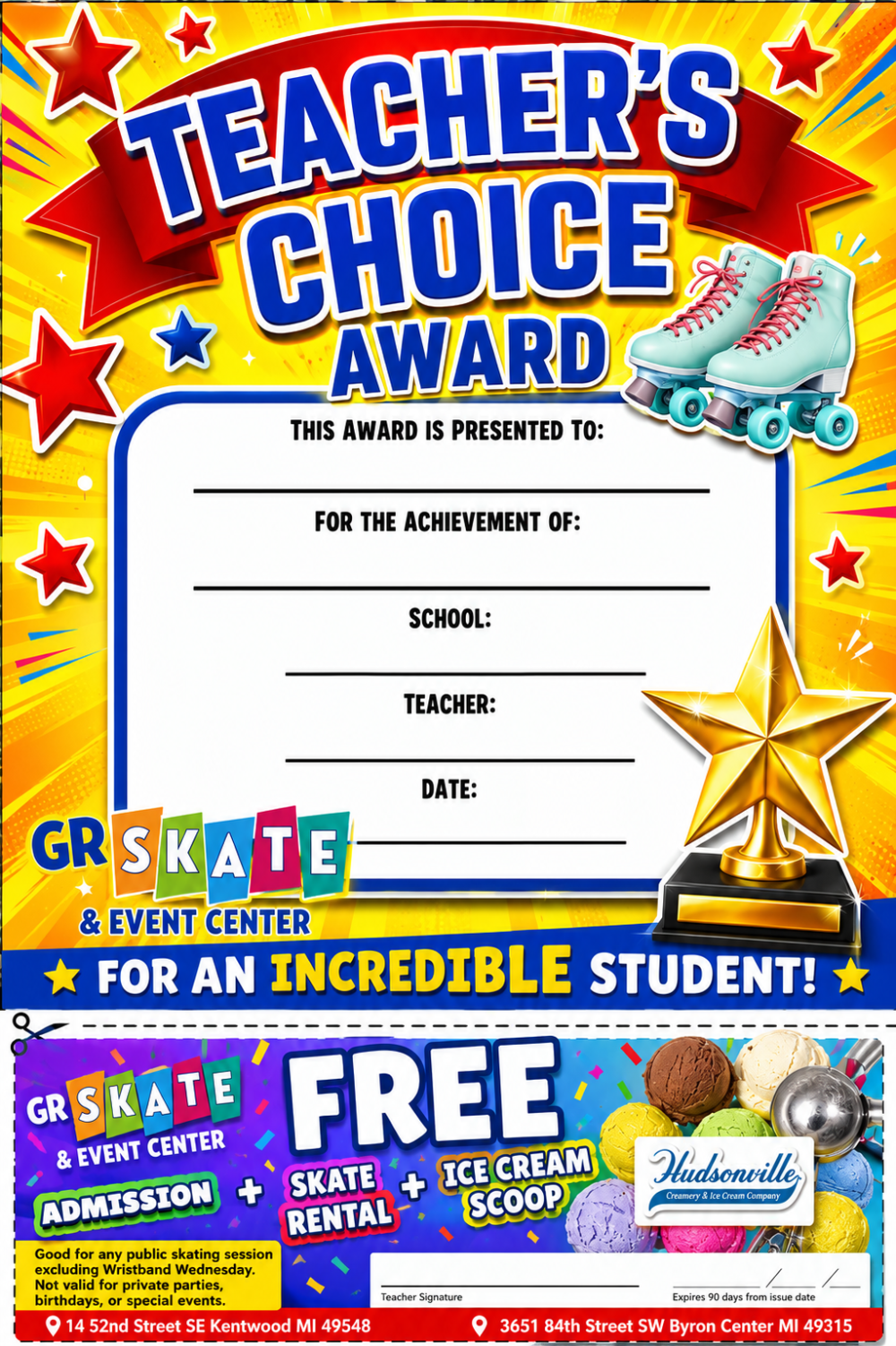 Colorful Teacher's Choice Award certificate with graphics of a trophy, ice cream, and skates.