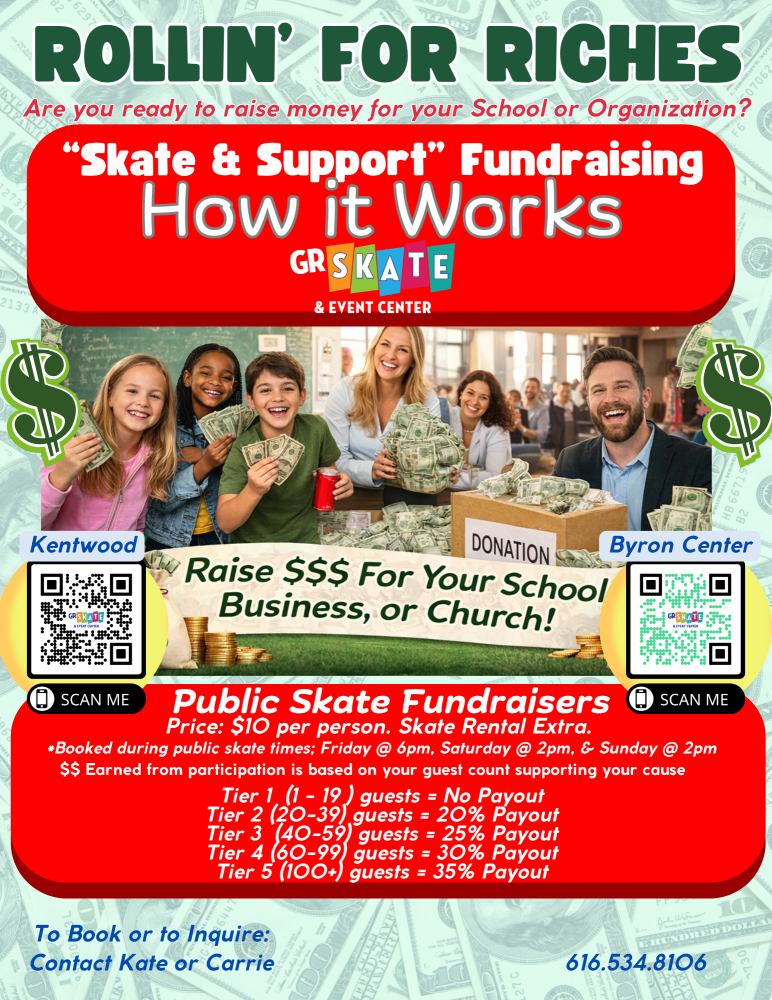 Fundraiser poster with kids, smiling adults, and donation box for a skate event.