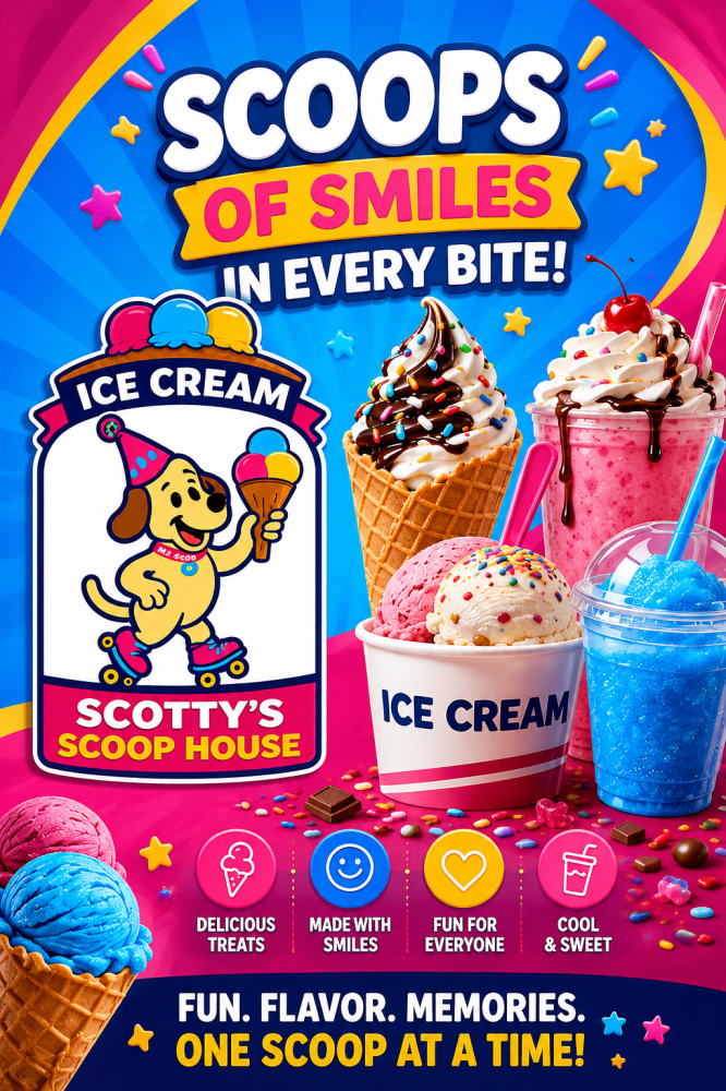 Colorful ice cream poster with smiling dog, cones, and happy slogans.