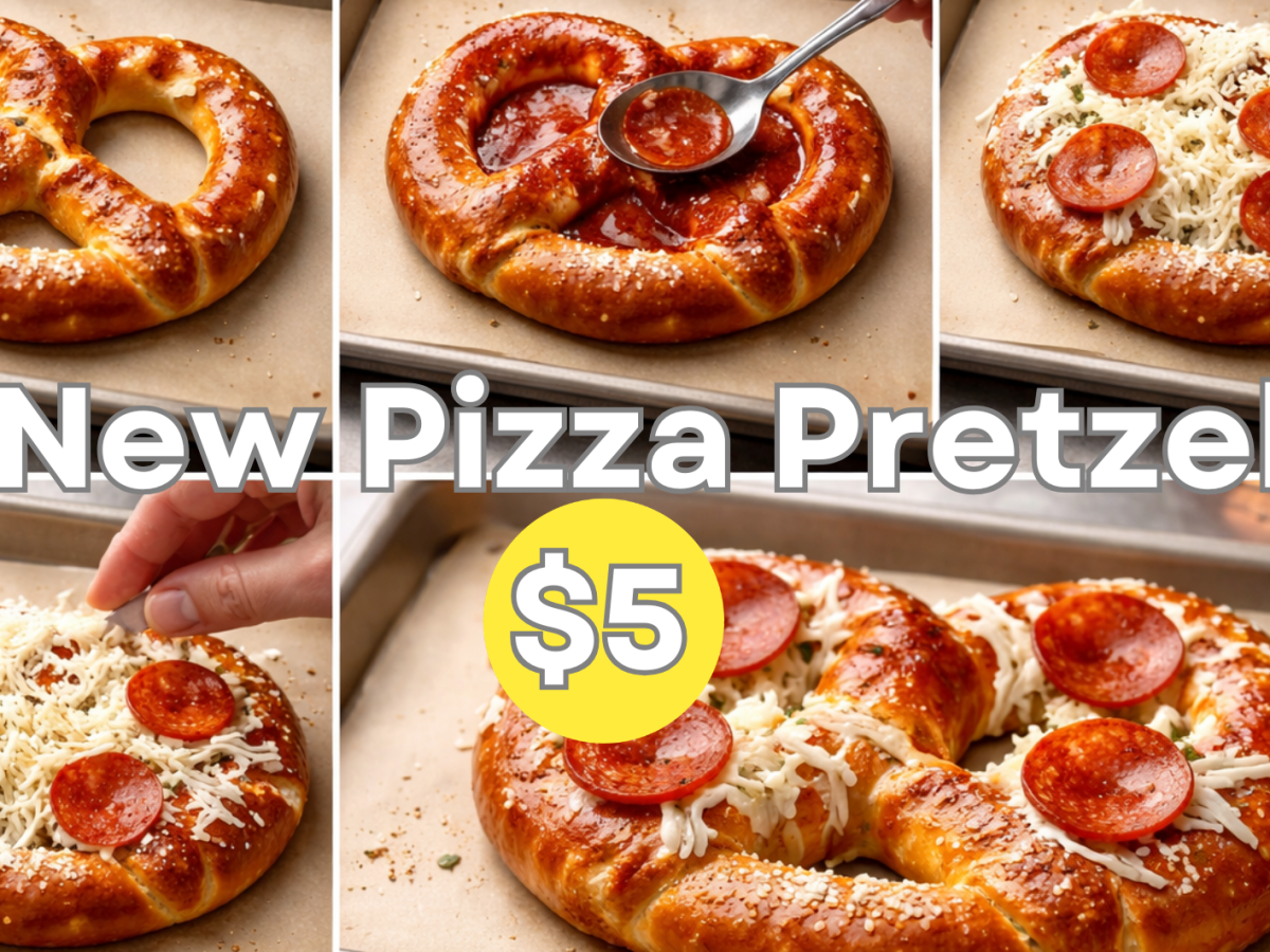 Collage showing steps to make a pizza pretzel with sauce, cheese, and pepperoni. Text: New Pizza Pretzel $5.