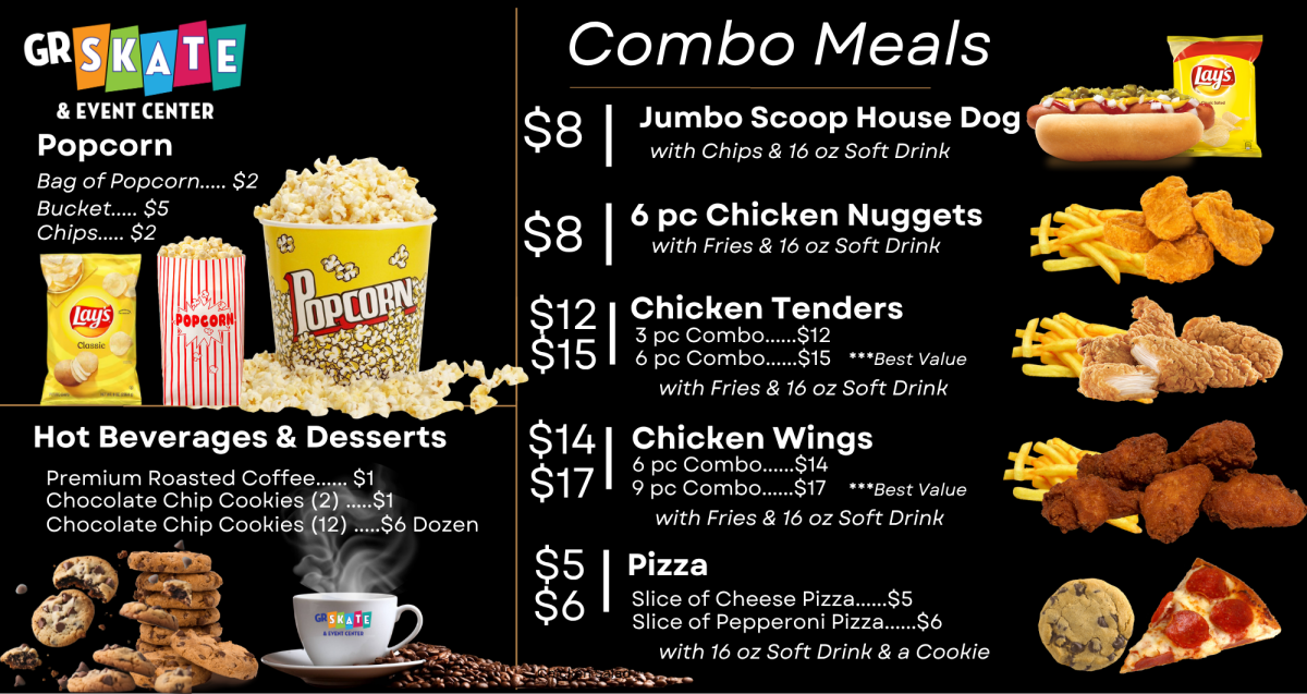 Menu items with combo meals including popcorn, hot beverages, desserts, and foods like hot dogs and chicken.
