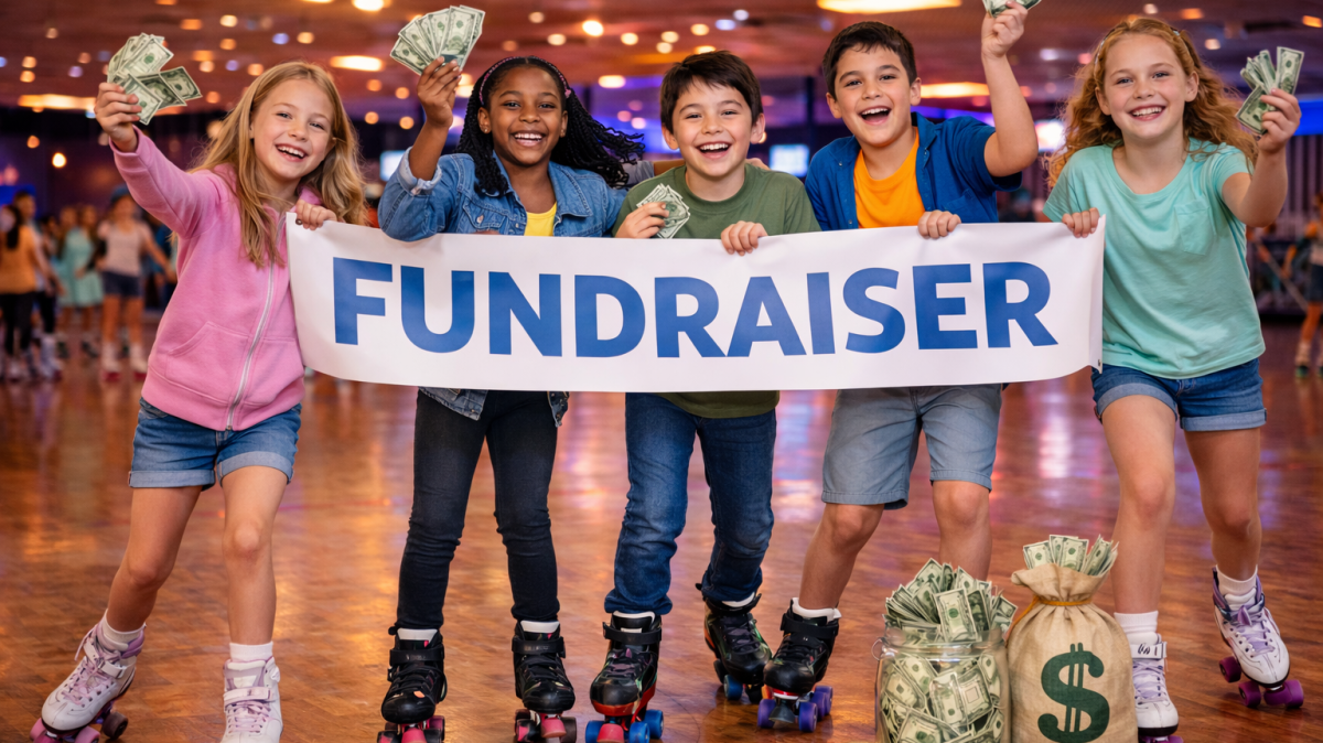 Children on roller skates holding a 'Fundraiser' sign and money in a skating rink.