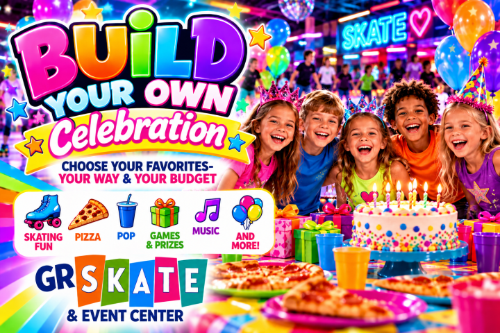 Kids celebrating at a colorful skating event with pizza, cake, balloons, and vibrant decor.