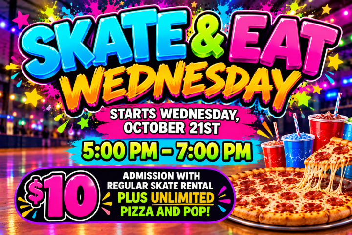 Colorful flyer for 'Skate & Eat Wednesday' with details and a pizza image.